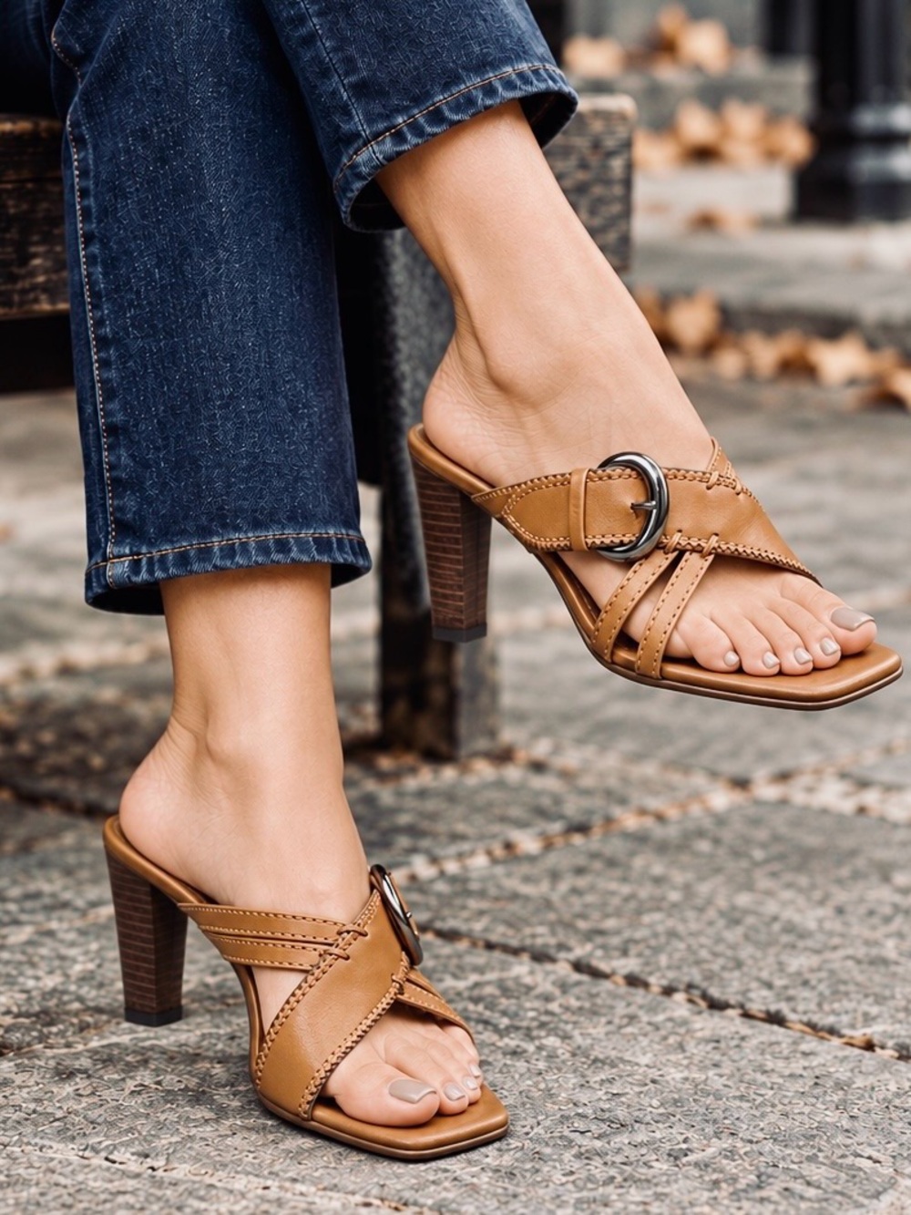 Franco Sarto Tan Leather Mule Sandals Square Toe Block Heel Buckle 6.5